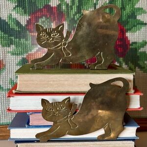 Vintage Mid Century Modern Brass Bookends Cat Shaped Book Ends Aged Patina